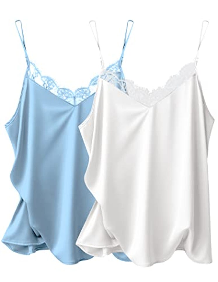 Ekouaer Womens 2 Packs Satin Silk Camisole Tops Lace Spaghetti Strap Cami V Neck Tank Top White & Li...