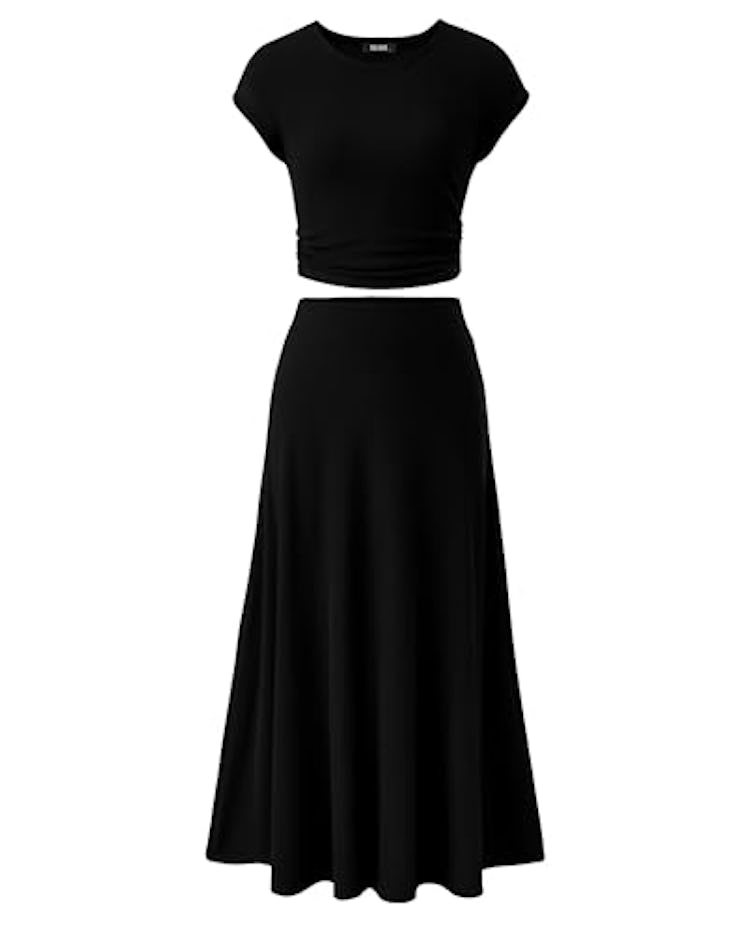 BTFBM Women Two Piece Skirt Set Summer 2025 Casual Vacation Crew Neck Short Sleeve Cropped Top Elast...