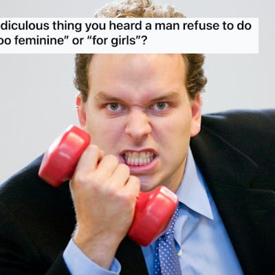 A frustrated man in a suit grips a pink dumbbell, showcasing anger. The text above questions perceived gender stereotypes in activities.