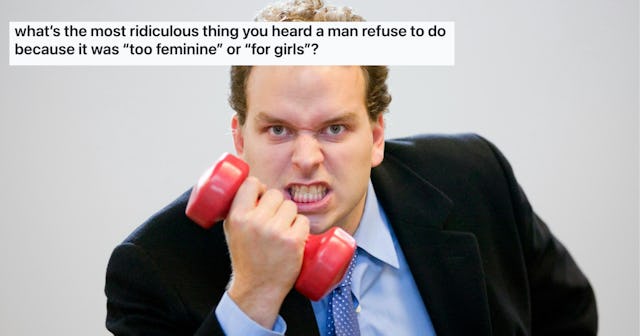 A frustrated man in a suit grips a pink dumbbell, showcasing anger. The text above questions perceiv...