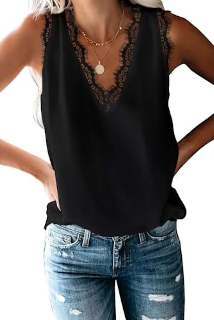 BLENCOT Women Lace Trim Tank Tops Summer V Neck Fashion Sleeveless Blouse Business Casual Outfits Ve...