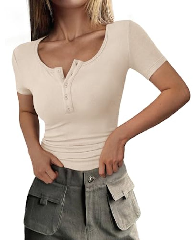 PRETTYGARDEN Ribbed Henley Top 