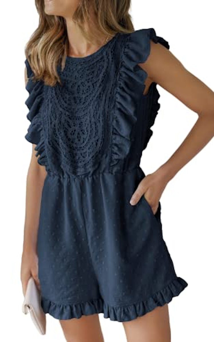 Angashion Womens Rompers 2025 Dressy Summer Casual Embroidery Lace Print One Piece Outfit Ruffle Sho...