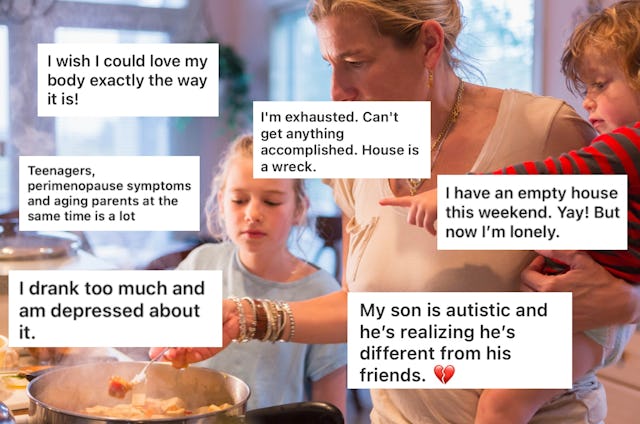 A woman holding a child stirs a pot in a kitchen, surrounded by text overlays expressing various per...