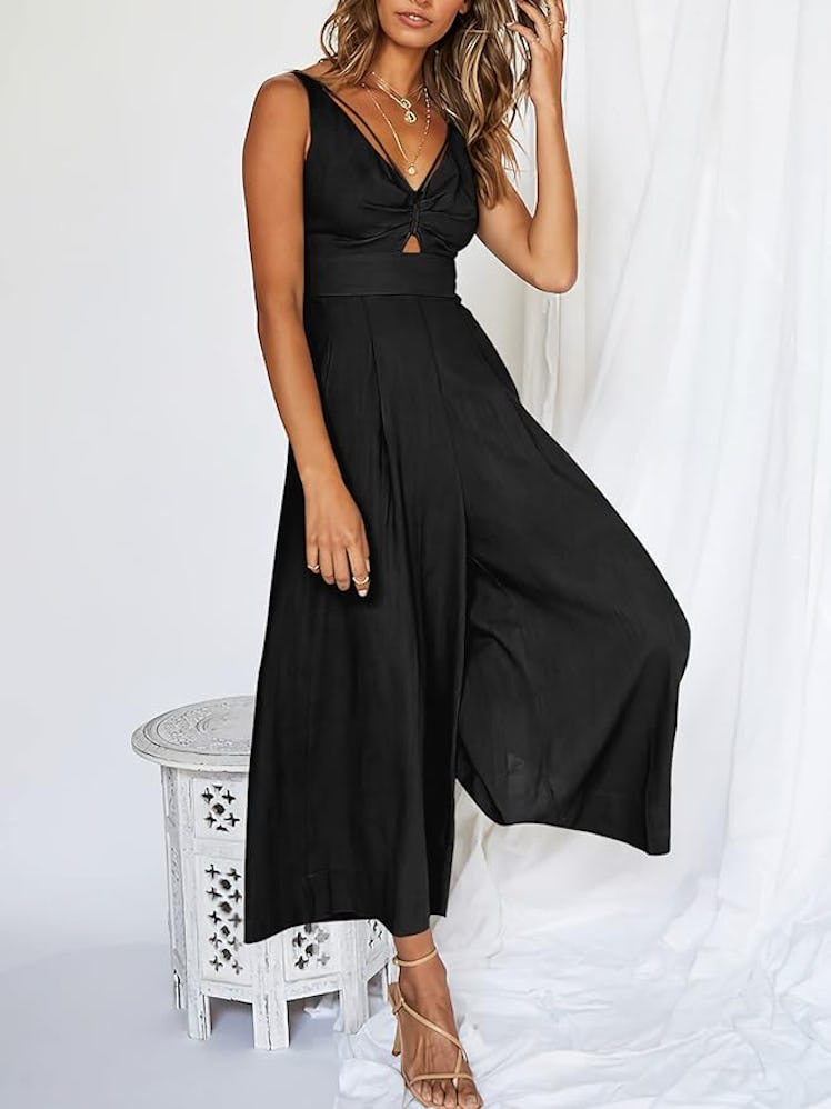 ANRABESS Wide Leg Sleeveless V-Neck Linen Jumpsuit
