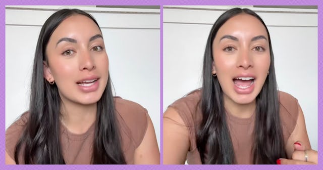 A woman with long, dark hair appears in two side-by-side frames, speaking animatedly, wearing a brow...