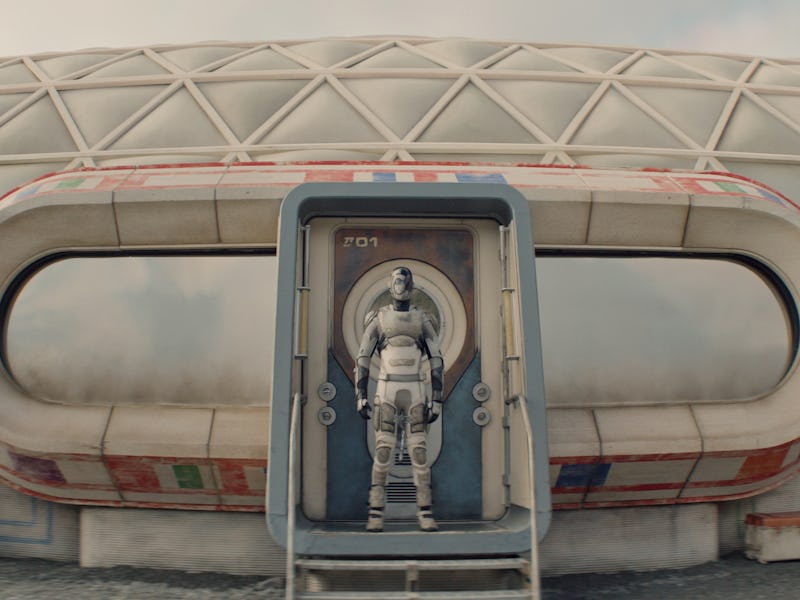 Alexander Skarsgård in "Murderbot," now streaming on Apple TV+.