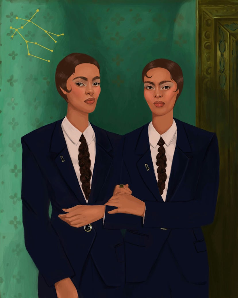 twins in matching suits with braided hair as ties with a green background