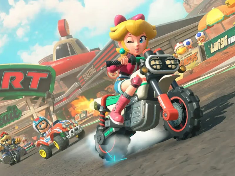 A vibrant racing scene from a video game, featuring a character on a motorcycle speeding past colorf...