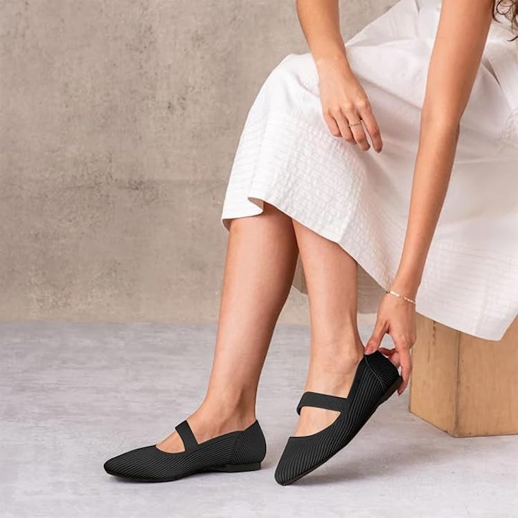 TINGRISE Pointed Toe Knit Mary Jane Flat