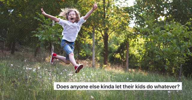 A joyful child with long hair jumps in a grassy field surrounded by trees, expressing freedom and ha...