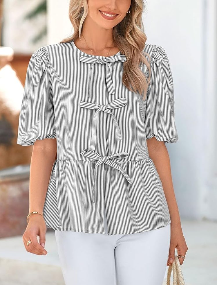 PRETTYGARDEN Tie Front Striped Shirt