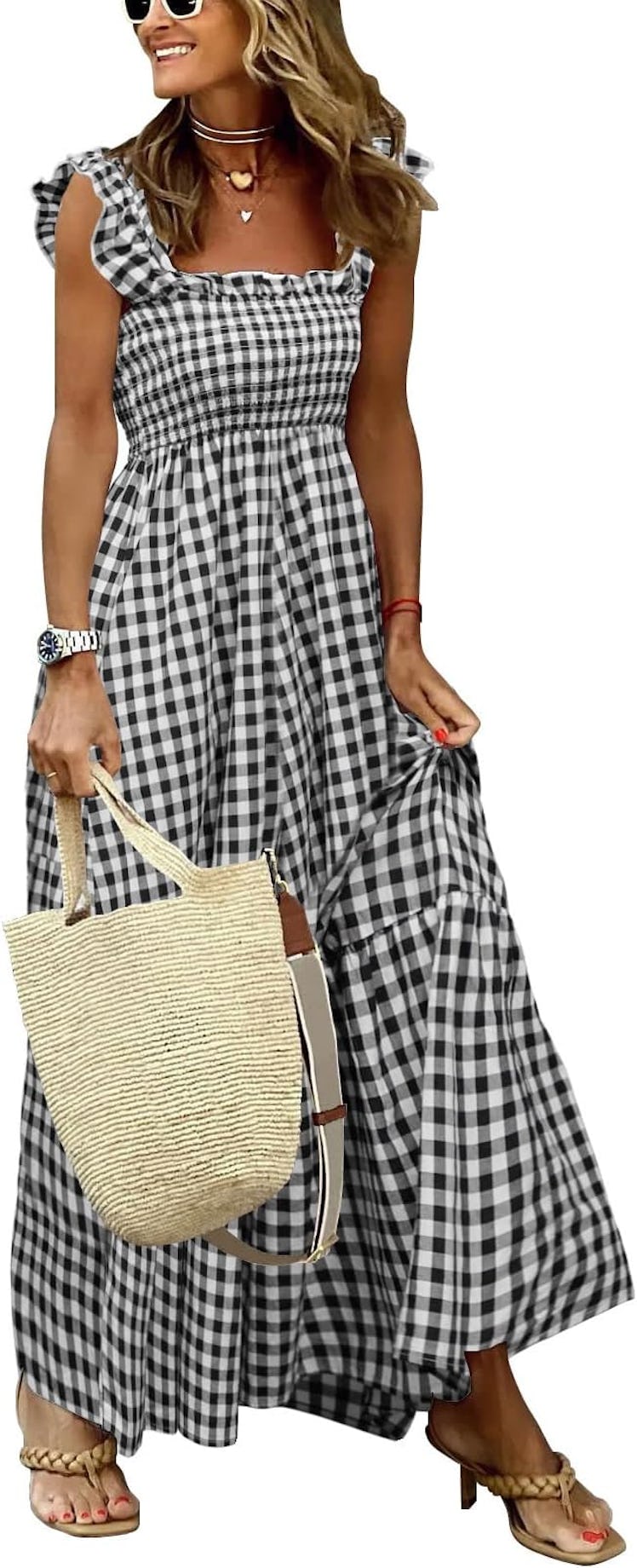 chouyatou Retro Plaid Smocked Dress 