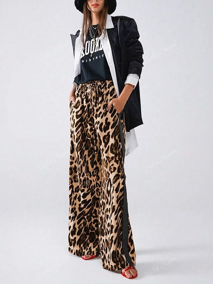 Charfille Leopard Print Side Striped Wide Leg Pants