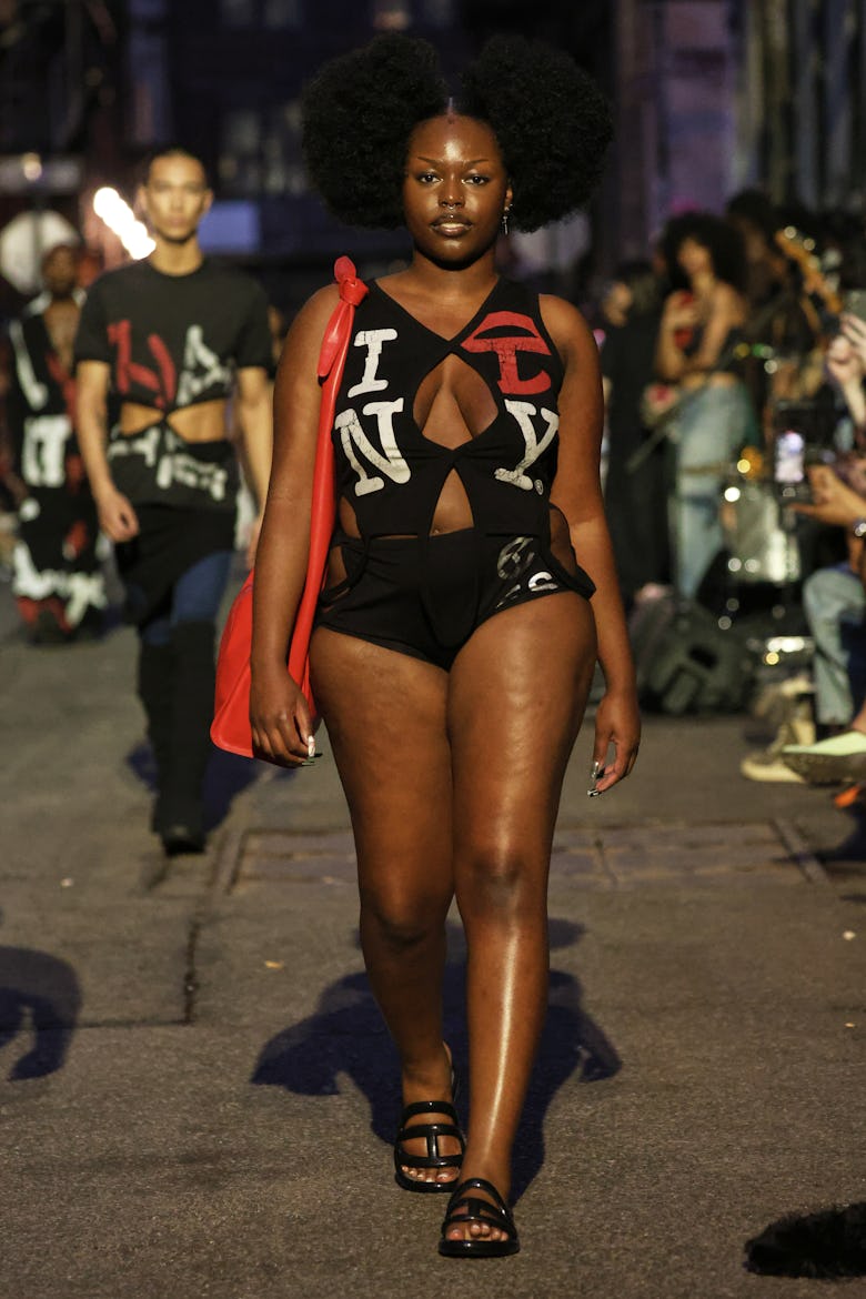 A model at the Telfar Spring 2026 show held at Cortlandt Alley on June 21, 2025 in New York, New Yor...