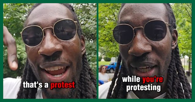 A man with long hair and sunglasses smiles while speaking about protesting. Text overlays read, "tha...