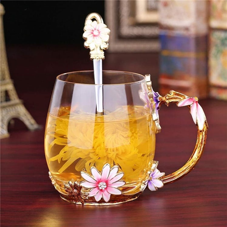 evecase Flower Glass Mug with Steel Spoon