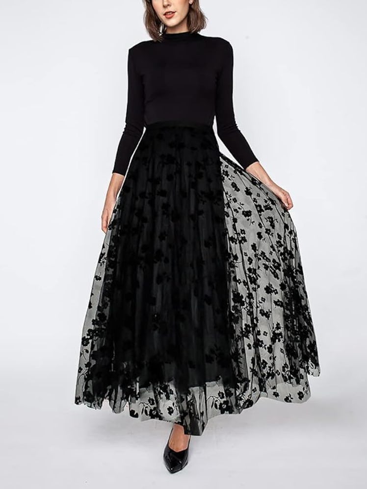 Reaowazo Tulle Floral High-Waist Skirt