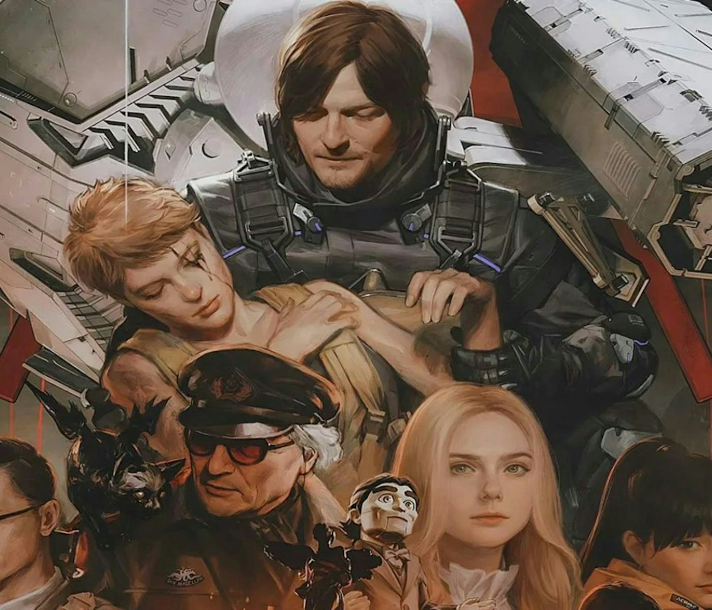 A dynamic, illustrated scene featuring several characters from a sci-fi universe, centered around a man in tactical gear, with a diverse cast of supporting figures.