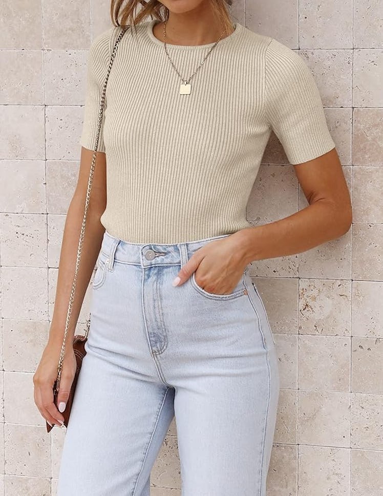 ZESICA Ribbed Short Sleeve Sweater