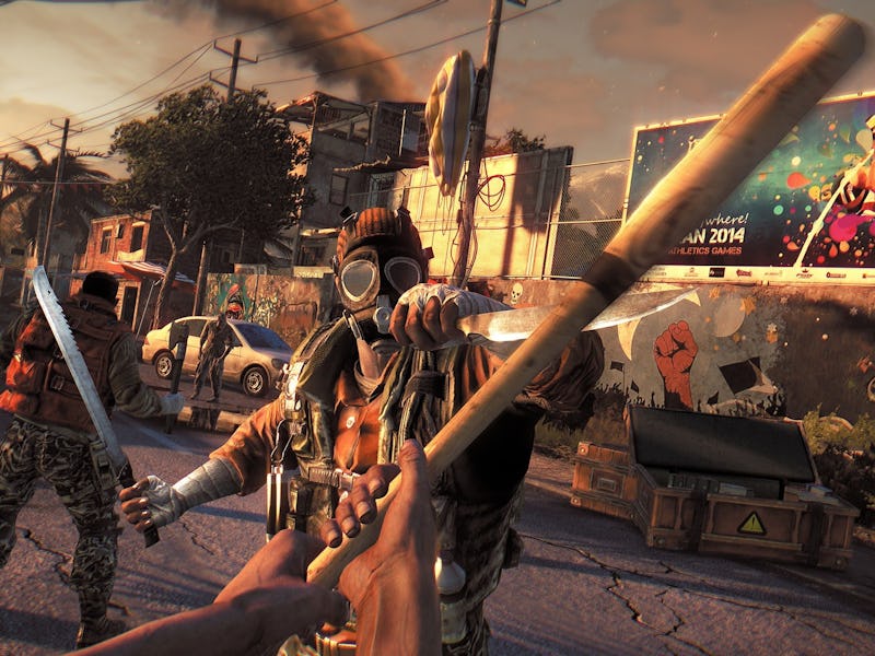 A player holding a bat prepares for combat against a machete wielding enemy.