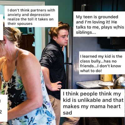 A woman prepares food in a kitchen while various sentiments about parenting challenges are overlaid as text, reflecting struggles and emotions of parents.