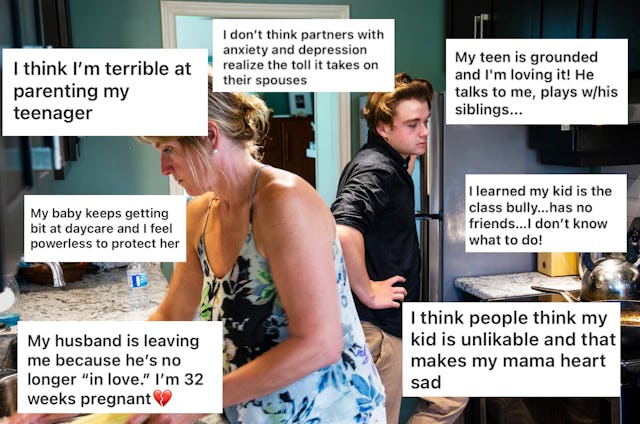 A woman prepares food in a kitchen while various sentiments about parenting challenges are overlaid ...