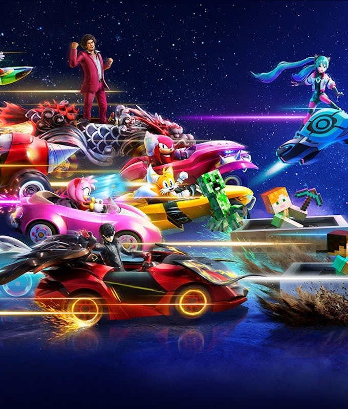 A vibrant racing scene featuring colorful cars, including characters from various games, speeding through a cosmic background with dynamic motion effects.