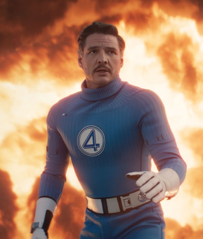 A man in a blue superhero suit emblazoned with a '4' stands against a dramatic fiery backdrop, exuding determination and readiness for action.