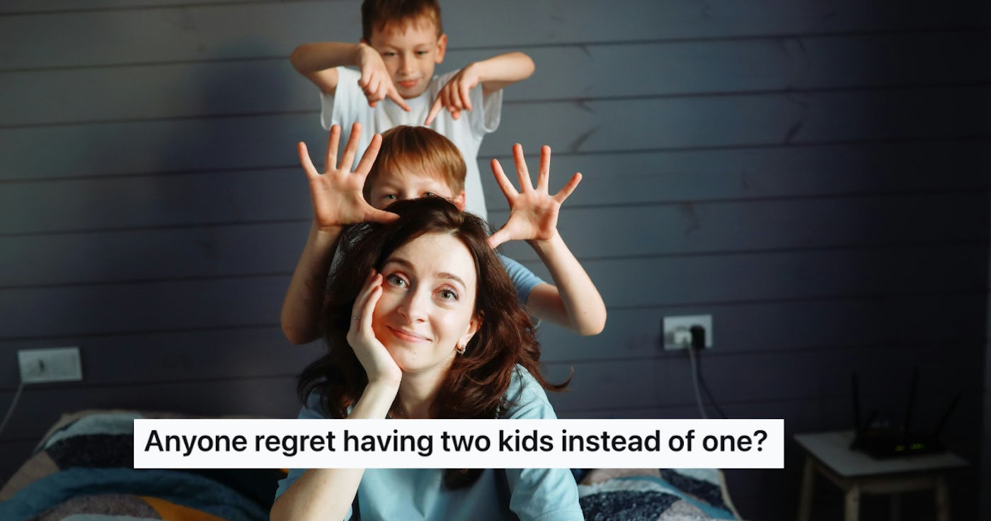 A mother sits on a bed with a playful expression, while two boys stand behind her making silly faces. The text humorously questions the joys of having multiple children.