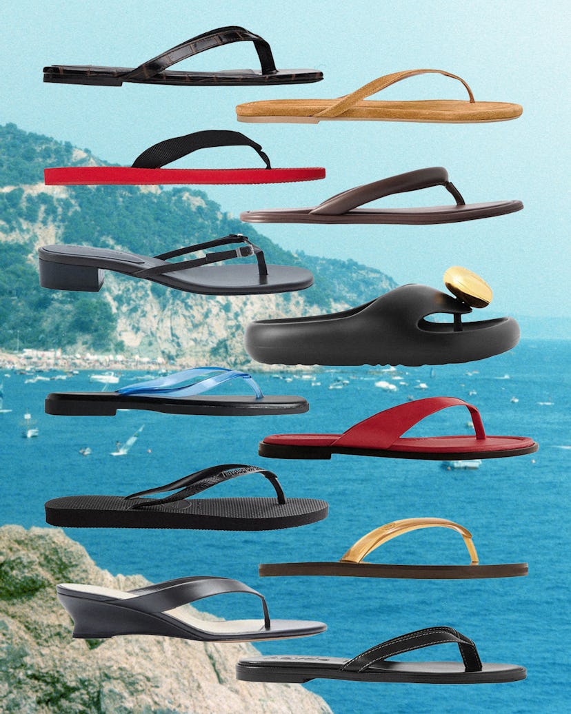 A collage of flip flops over a beachy background