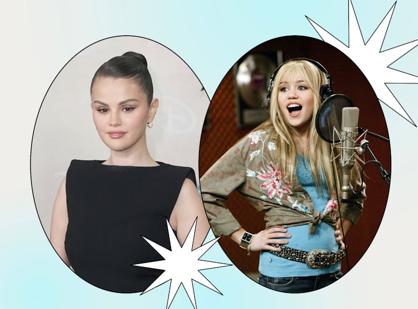Selena Gomez and Miley Cyrus as Hannah Montana