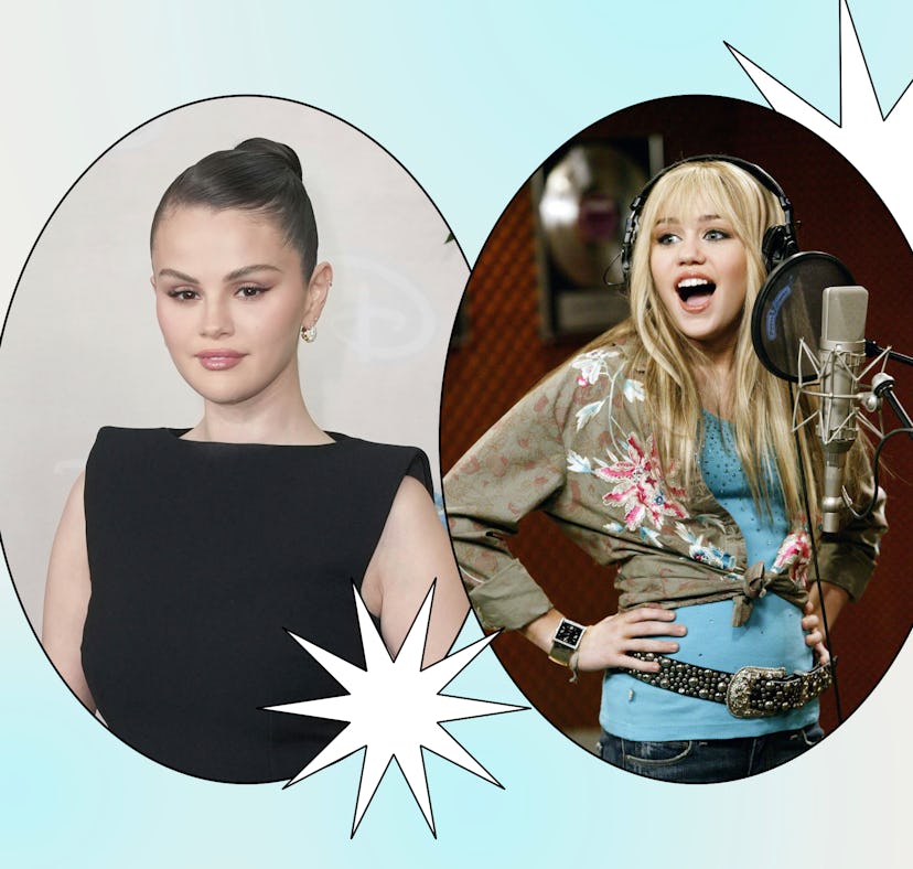 Selena Gomez and Miley Cyrus as Hannah Montana