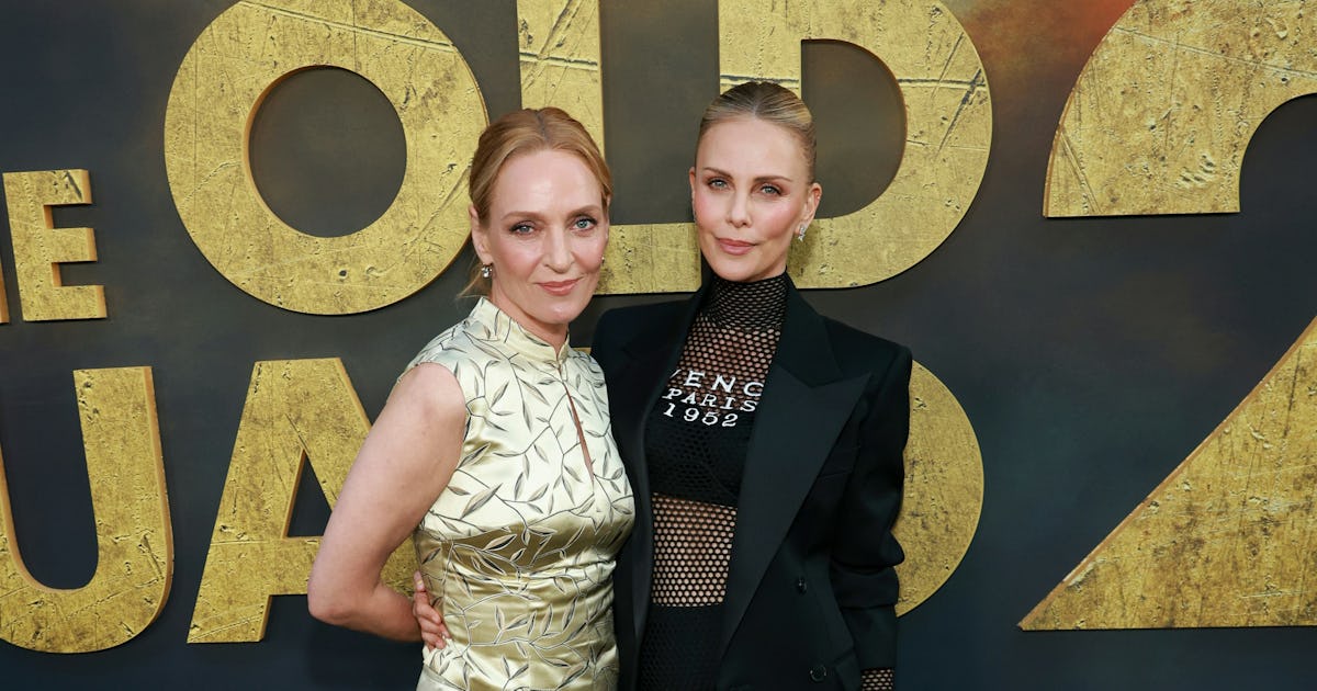 Charlize Theron Wears a Fishnet Body Stocking to Hit the Red Carpet with Uma Thurman
