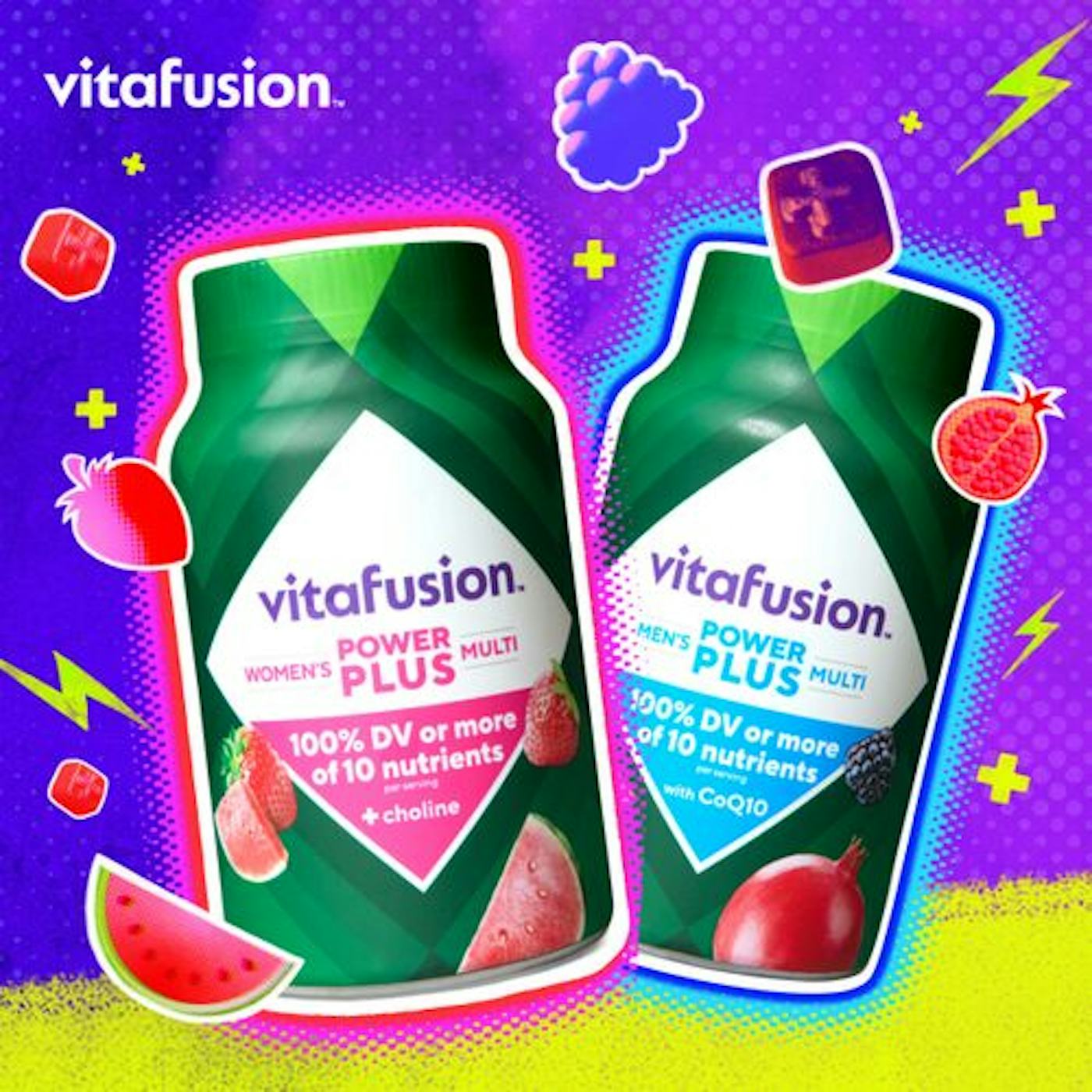 Two vibrant bottles of vitafusion Power Plus with colorful fruit graphics. One features watermelon, the other berry, highlighting essential nutrients for women.