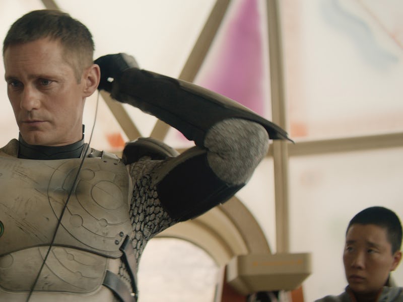 David Dastmalchian and Alexander Skarsgård in "Murderbot," now streaming on Apple TV+.