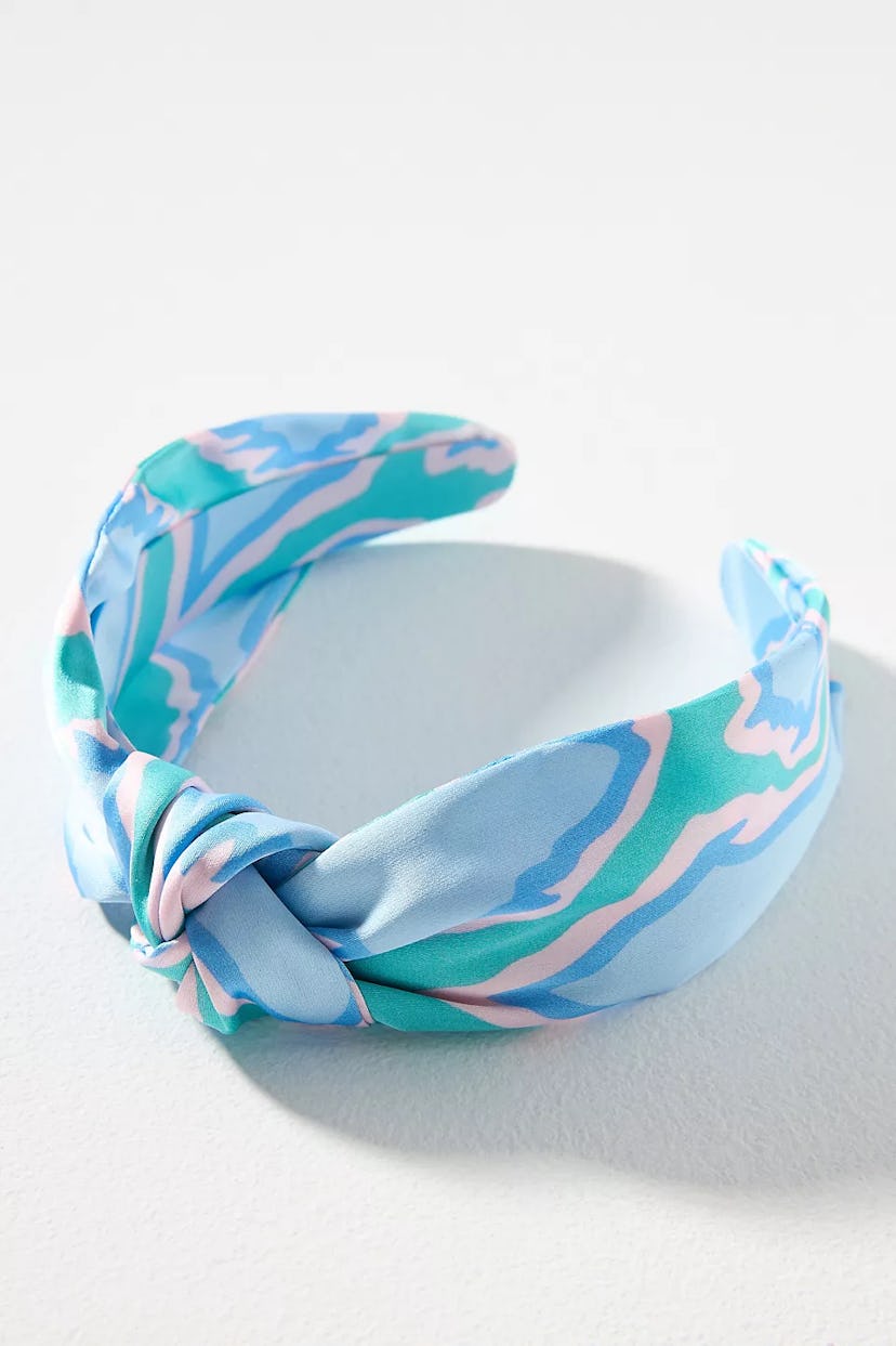 Everly Vibrant Print Knot Headband in blue, in a story about summer hair accessories