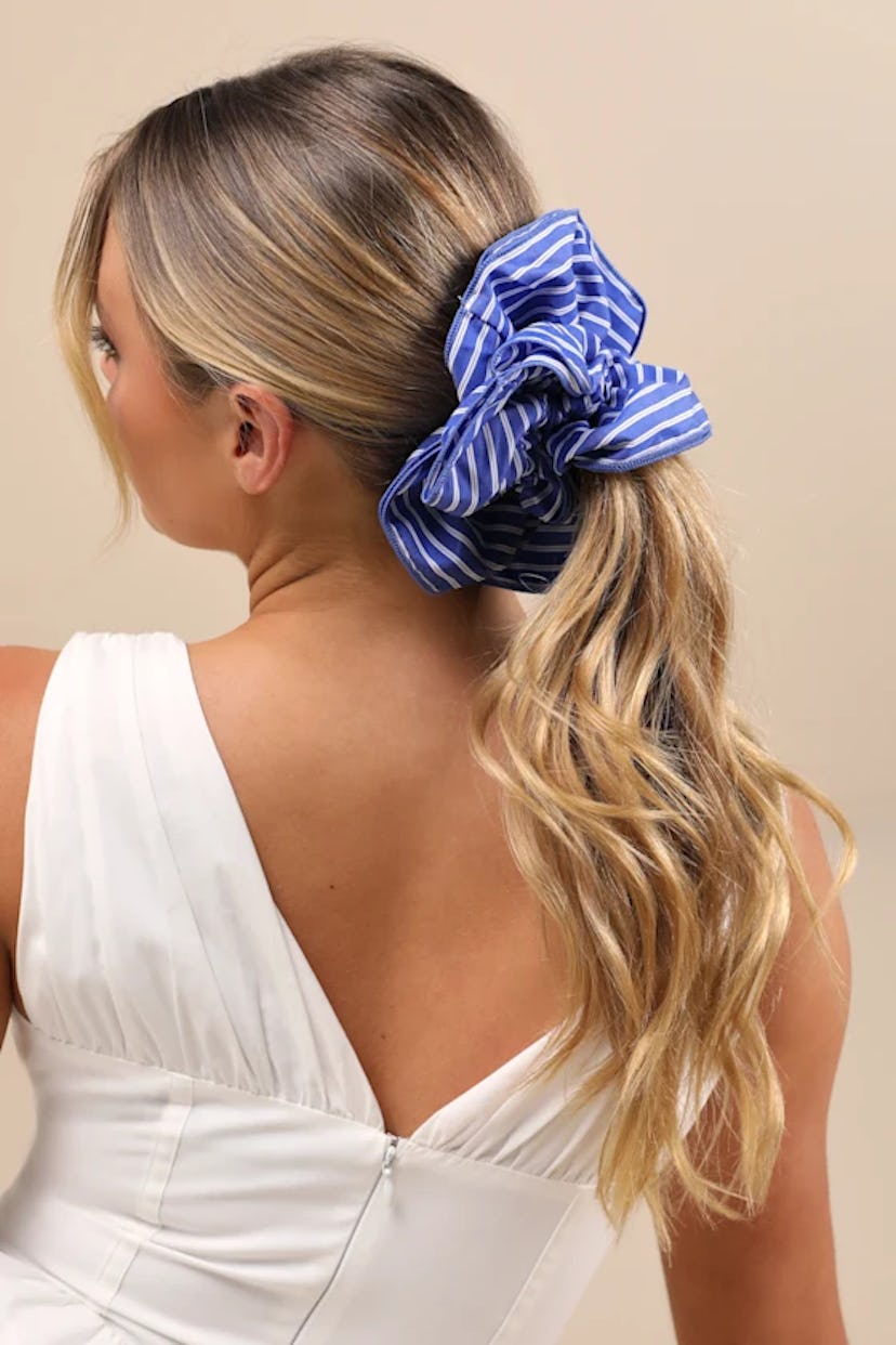 Kiraz Blue and White Striped Oversized Scrunchie in a story about summer hair accessories