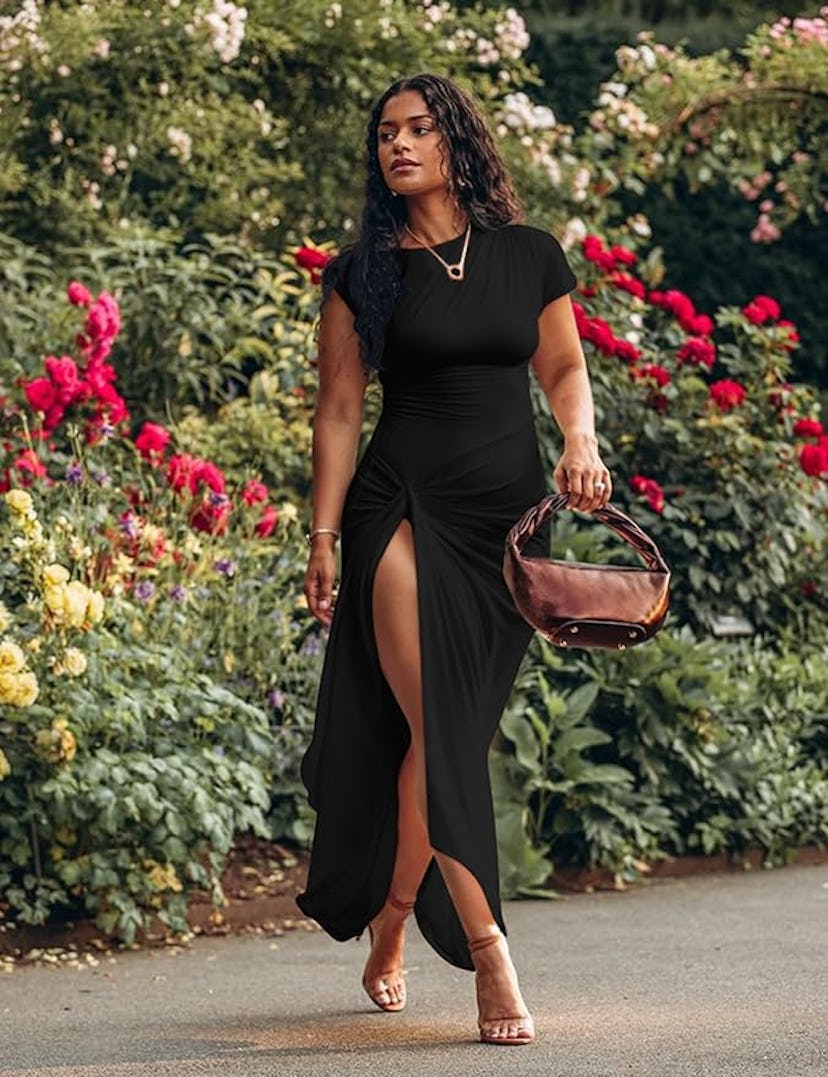 GOKATOSAU Neck High Side Split Bodycon Ruched Maxi Dress
