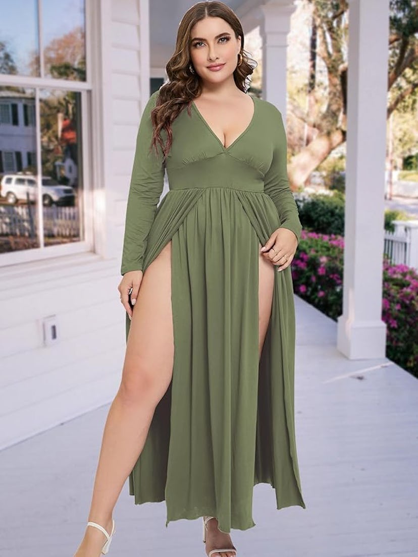 SILUI Double High Slit Deep V-Neck Maxi Dress