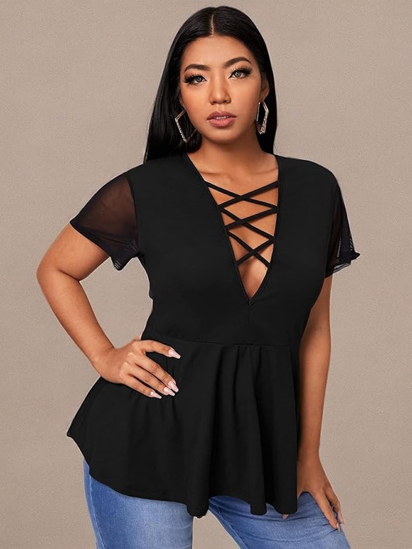 OYOANGLE Criss Cross Plunging Peplum Top