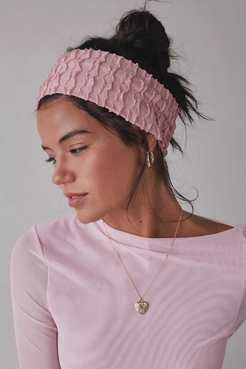 Maria Textured Headwrap Wide Headband in pink, in a story about summer hair accessories