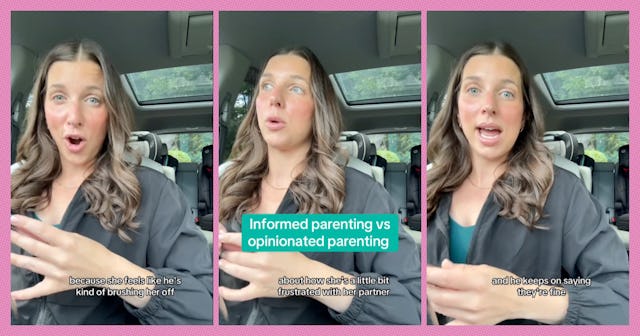 A woman with long brown hair speaks animatedly in a car. She discusses informed vs. opinionated pare...