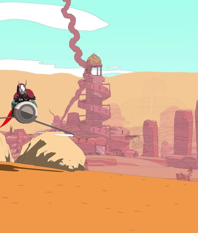 A character in a red cloak rides a futuristic vehicle through a desert landscape, featuring towering rock formations and a distant, spiral tower.