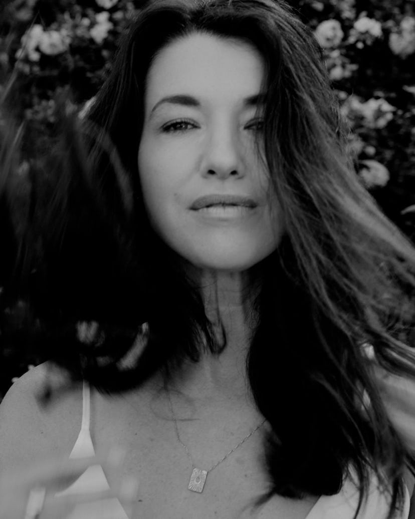 A black-and-white portrait of Parvati Shallow, who looks into the camera.