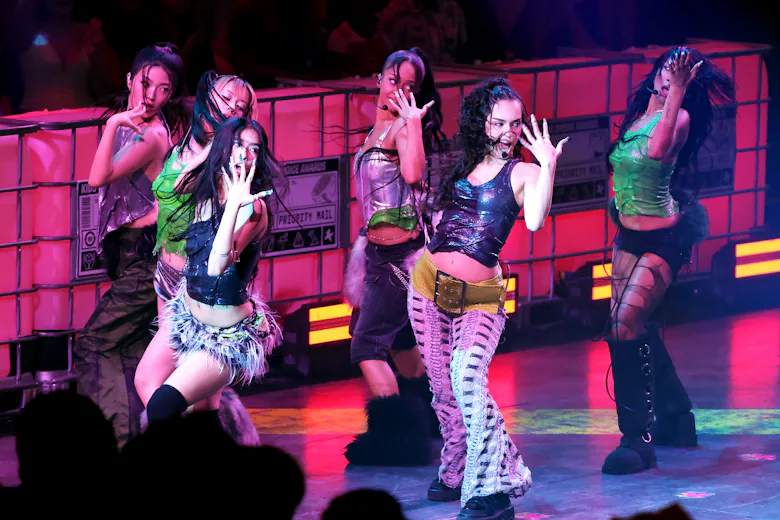 SANTA MONICA, CALIFORNIA - JUNE 21: (L-R) Yoonchae, Megan, Sophia, Manon Daniela and Lara Raj of KAT...