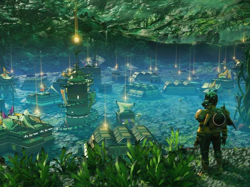 A character stands on a rocky edge, overlooking a luminous underground city with floating structures...