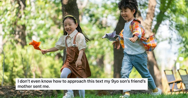 Two children joyfully run through a sunny park, holding colorful pinwheels. The background features ...
