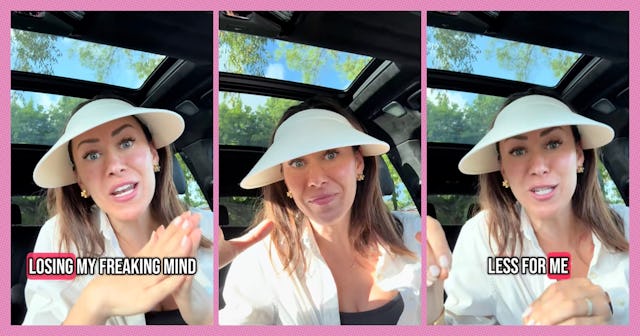 A woman in a car, wearing a wide-brimmed hat, expresses frustration in three frames with text overla...