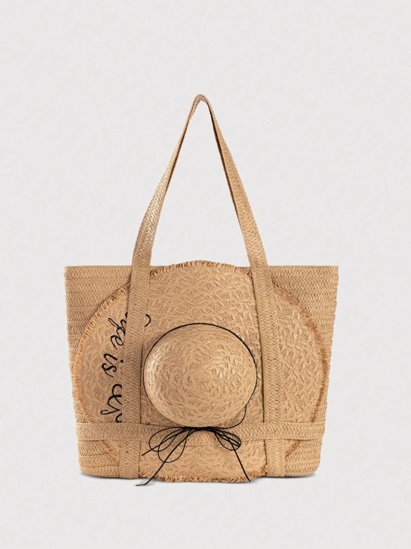 large Capacity Straw Beach Tote shein beach Bag
